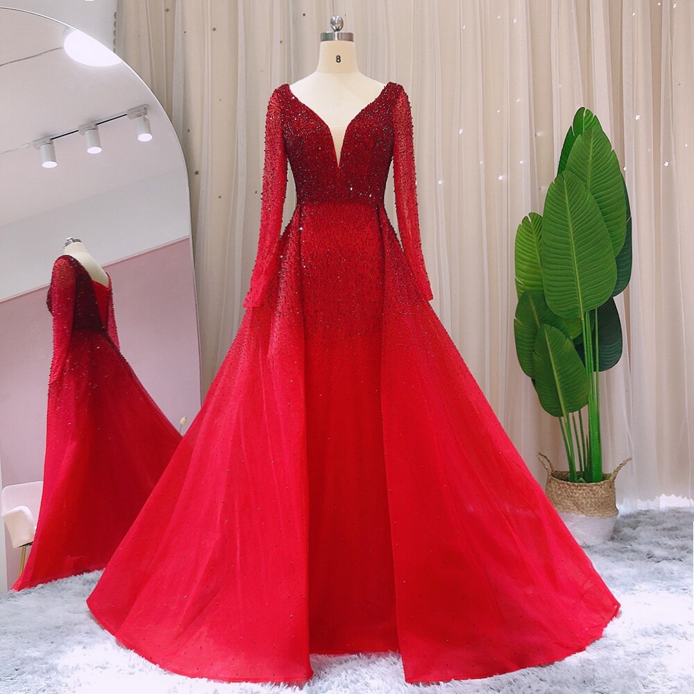 Luxury Crystal Burgundy Evening Dresses with Overskirt Long Sleeves El –  sultanti