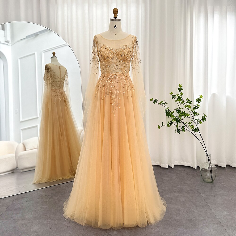 Luxury Gold Evening Dress with Cape Sleeve Women Prom Formal Dresses f sultanti Luxury Gold Evening Dress with Cape Sleeve Women Prom Formal Dresses f sultanti