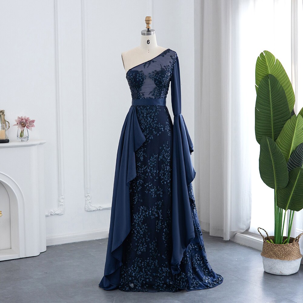 Luxury Navy Blue One Shoulder Evening Dress with Overskirt Formal Wome sultanti