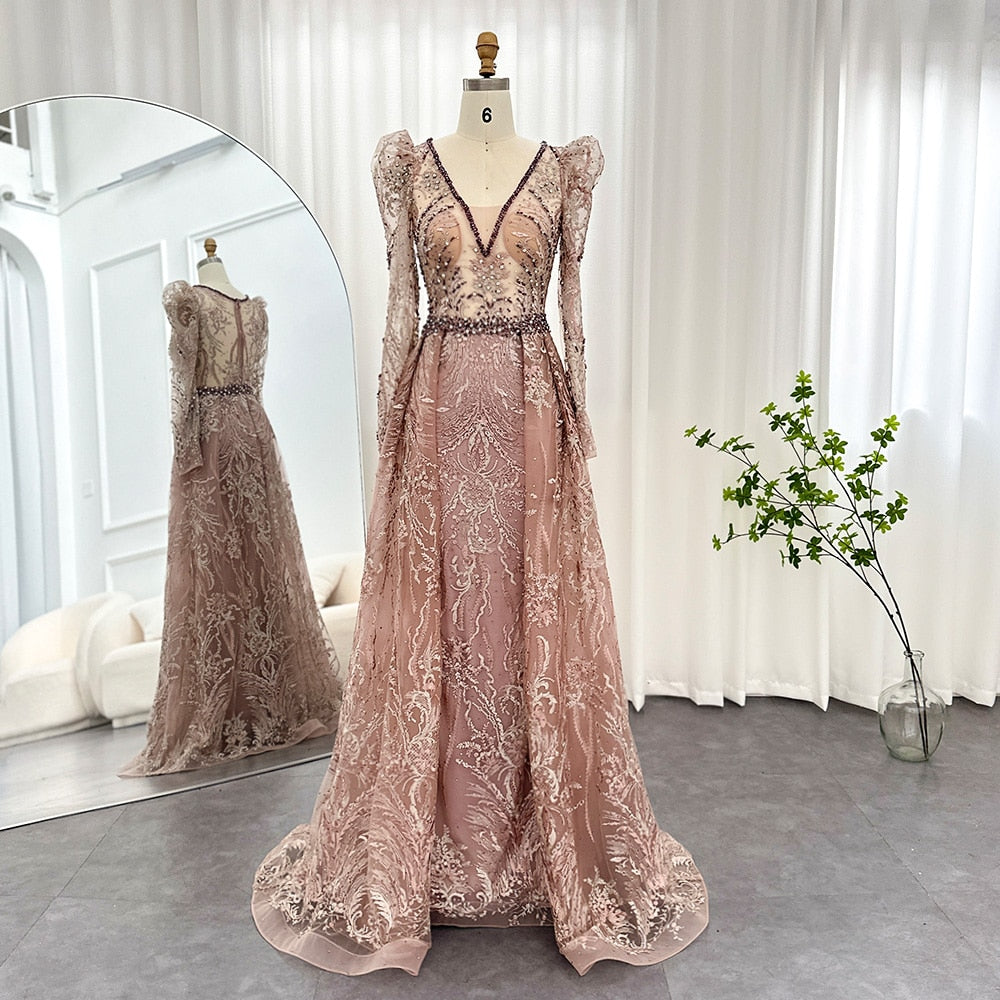 Luxury Pink Overskirt Evening Dress with Long Sleeves Elegant Women We sultanti Luxury Pink Overskirt Evening Dress with Long Sleeves Elegant Women We sultanti