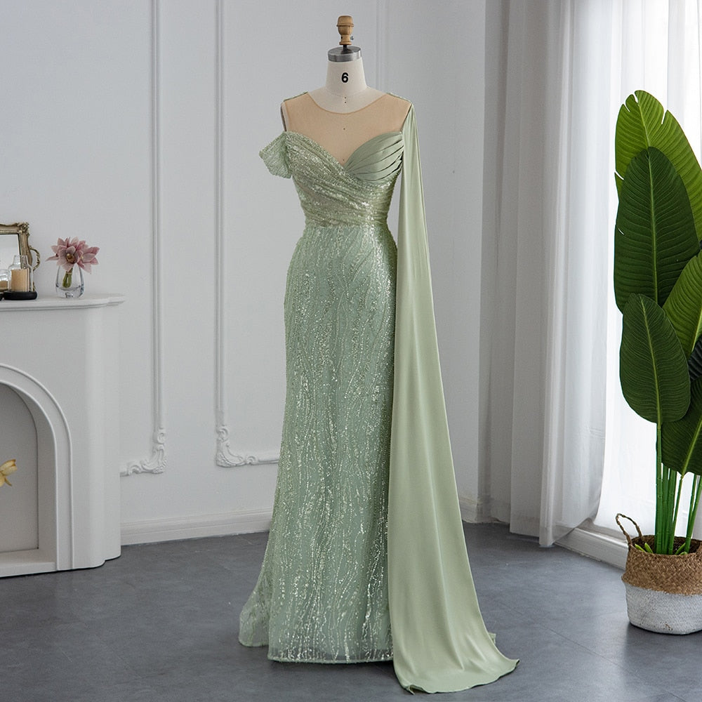 slim fit dress slacks Elegant Sage Green Sequin 2 Pieces Prom Dress with Scarf SS616
