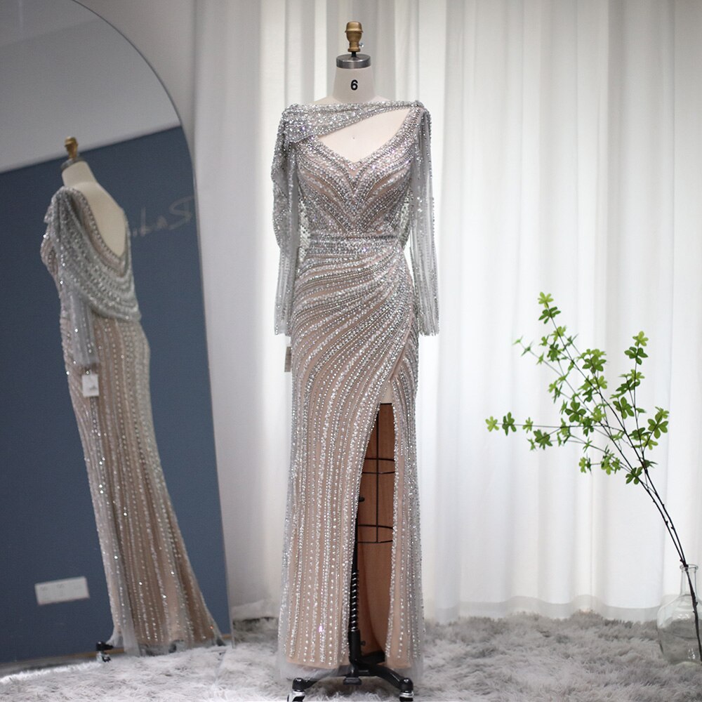 Luxury Mermaid Evening Dress with Cape Heavy Beaded Slit Prom Dresses sultanti Luxury Mermaid Evening Dress with Cape Heavy Beaded Slit Prom Dresses sultanti