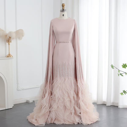 Luxury Mermaid Nude Evening Dresses with Cape Sleeves Tiered Ruffles Women Wedding Party Gowns