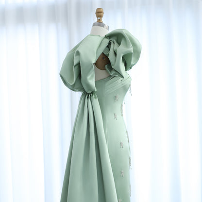 Sage Green One Shoulder Evening Dress with Cape Luxury Crystal Tassel Wedding Party Gowns