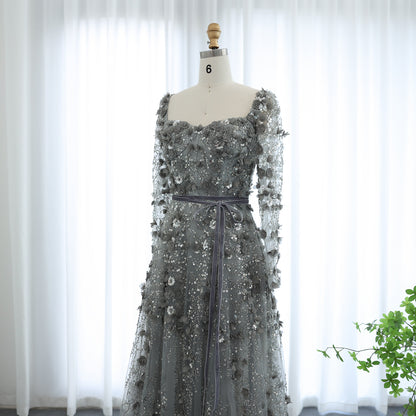 Luxury 3D Flower Gray Long Sleeves Evening Dresses for Women Wedding Party Elegant A-line Formal Gowns