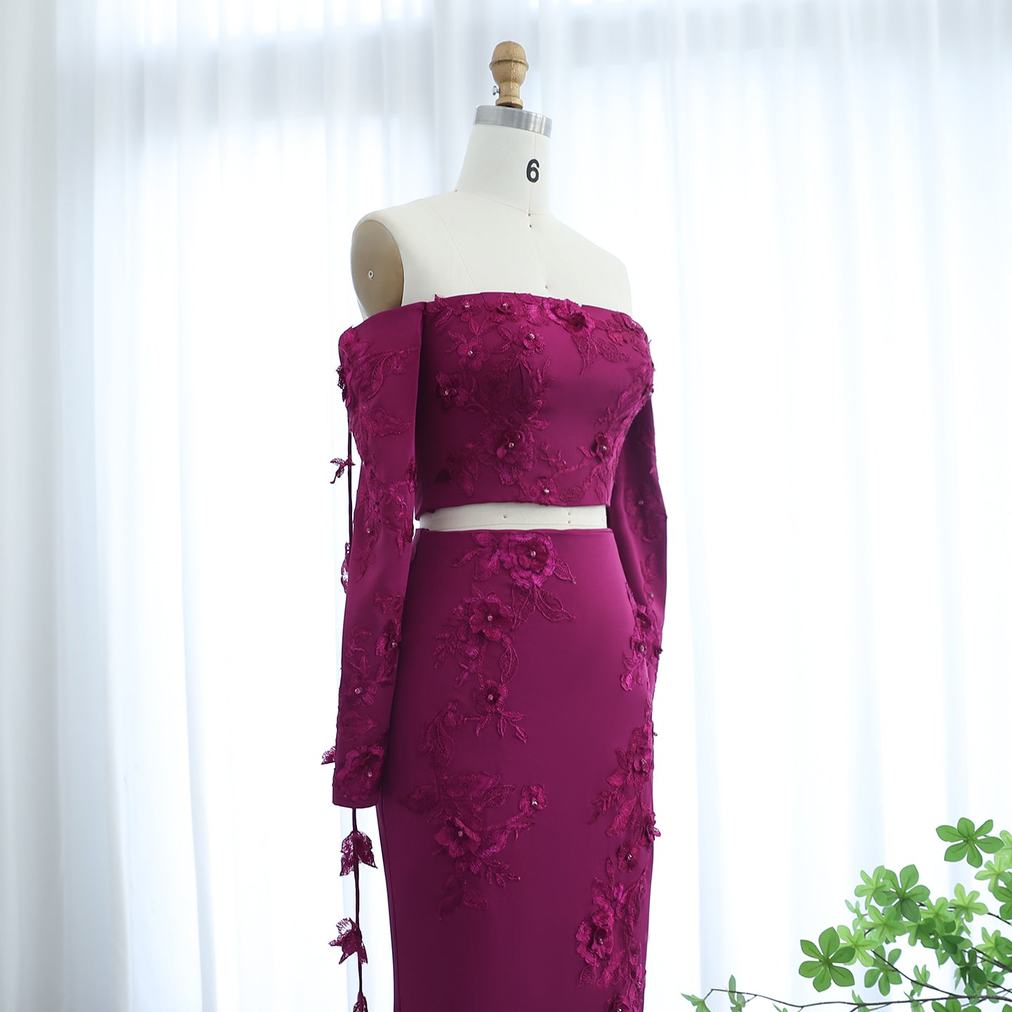 Elegant Off Shoulder Fuchsia 2 Pieces Evening Dress with Long Sleeves 3D Flowers Arabic Wedding Party Gowns