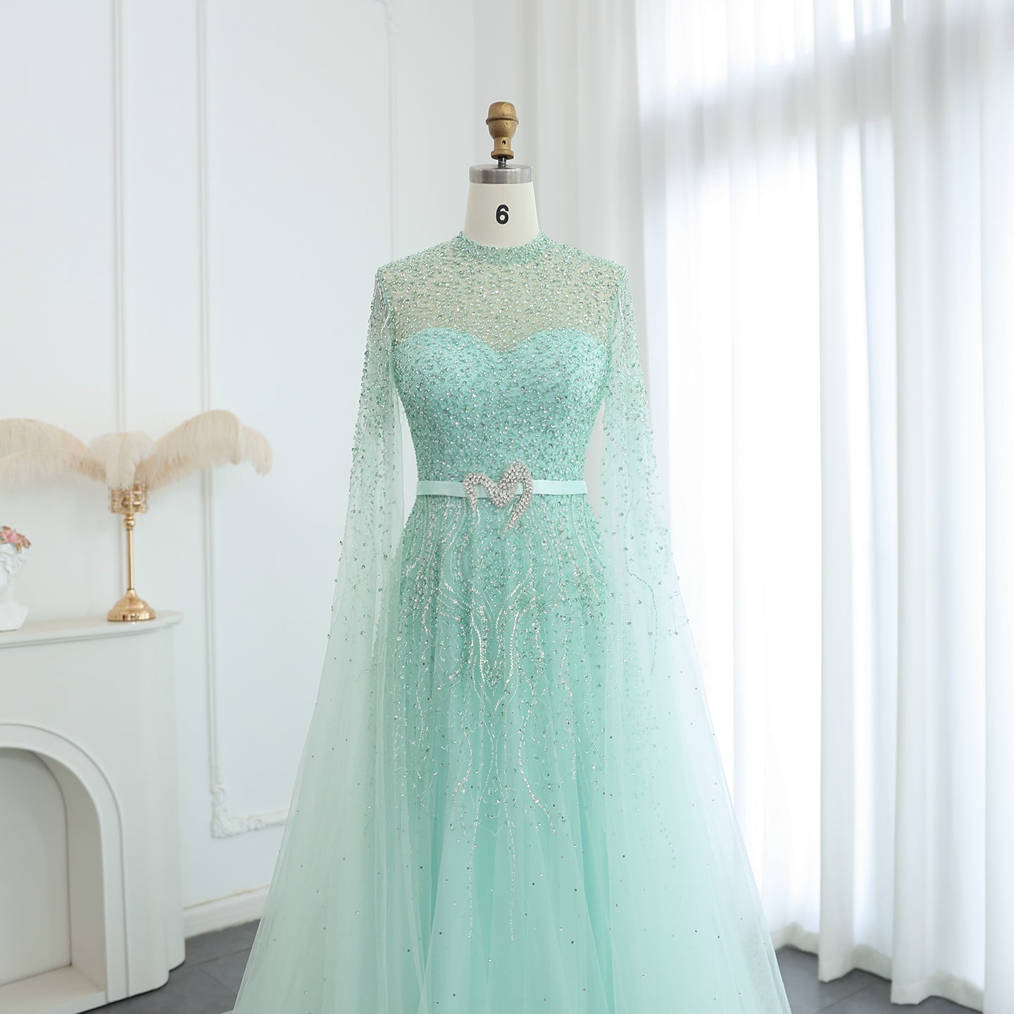 Luxury Evening Dress with Cape Sleeves Elegant High Neck Women Wedding Party Gowns