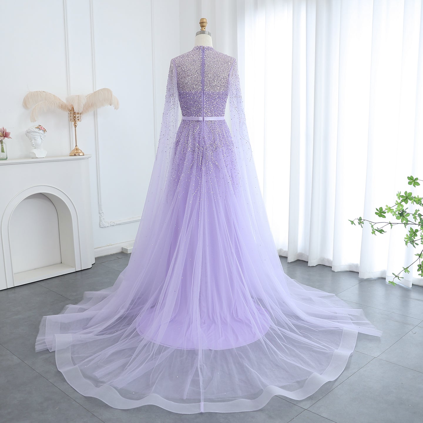 Luxury Evening Dress with Cape Sleeves Elegant High Neck Women Wedding Party Gowns