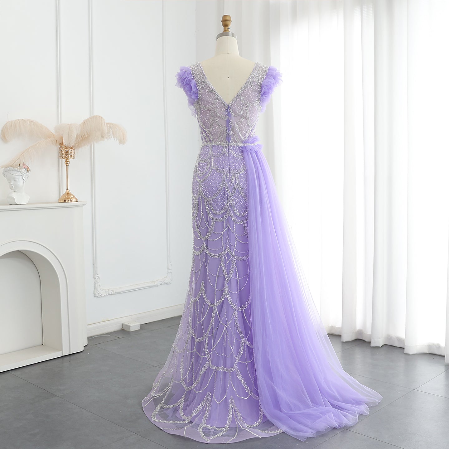 Luxury Beaded Lilac Mermaid Evening Dresses with Overskirt Elegant V-Neck Long Women Wedding Party Gowns