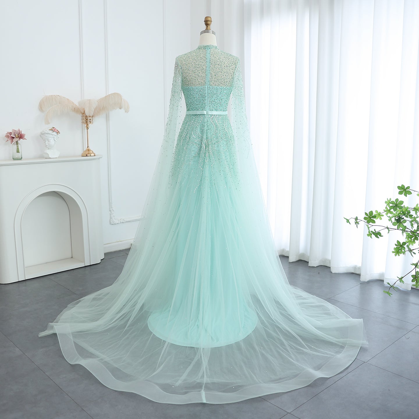 Luxury Evening Dress with Cape Sleeves Elegant High Neck Women Wedding Party Gowns