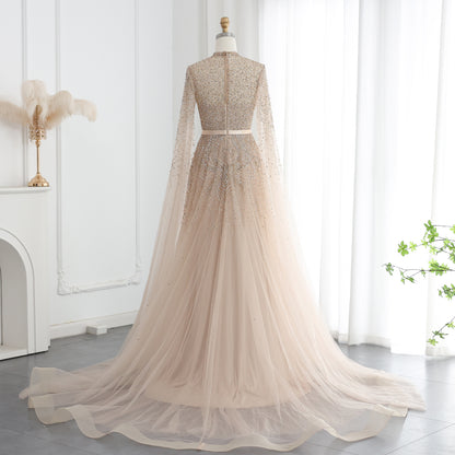 Luxury Evening Dress with Cape Sleeves Elegant High Neck Women Wedding Party Gowns