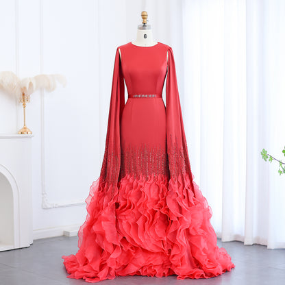 Luxury Mermaid Nude Evening Dresses with Cape Sleeves Tiered Ruffles Women Wedding Party Gowns