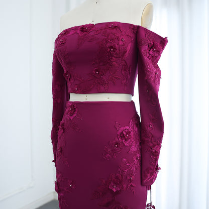 Elegant Off Shoulder Fuchsia 2 Pieces Evening Dress with Long Sleeves 3D Flowers Arabic Wedding Party Gowns