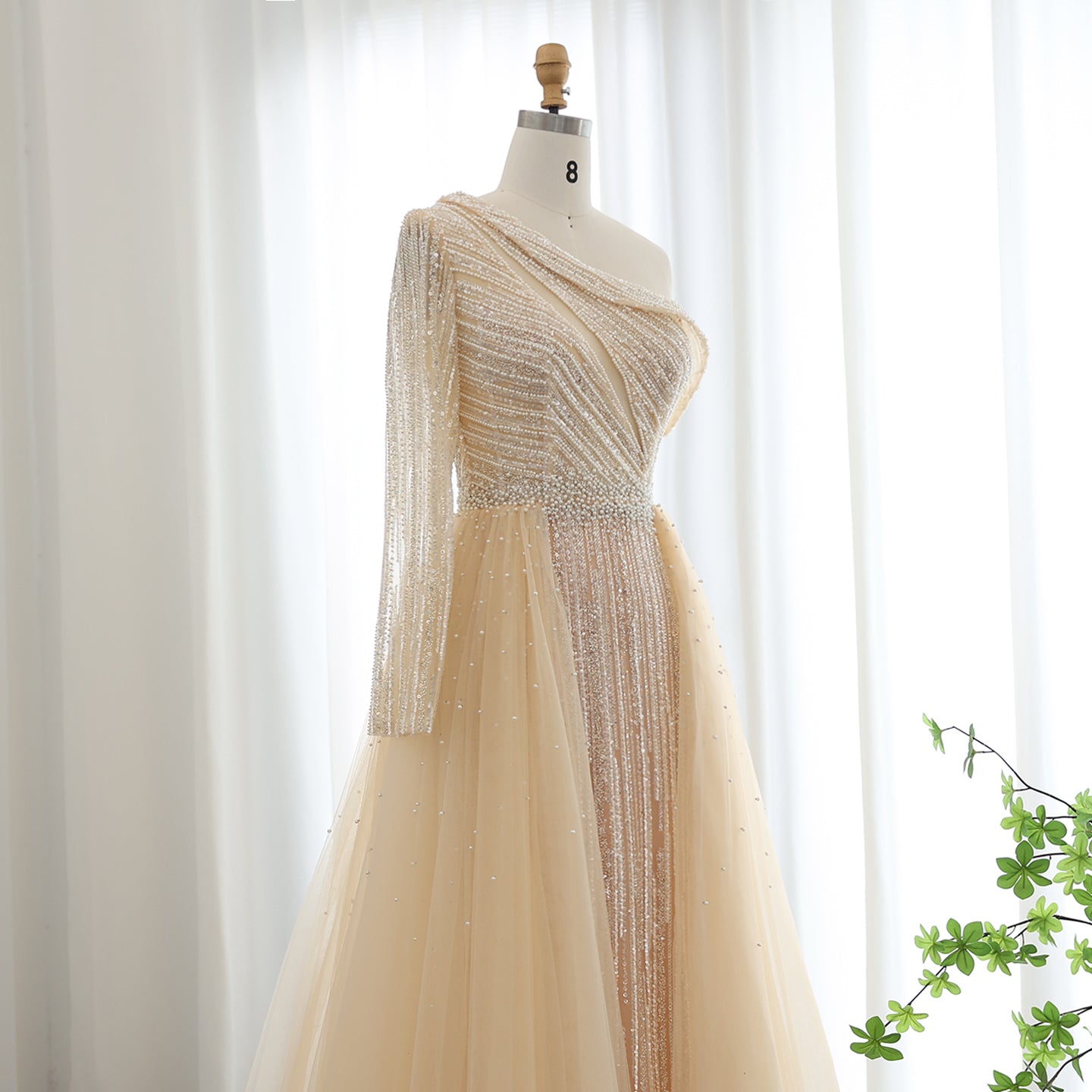 Elegant One Shoulder Beige Evening Dress with Overskirt Luxury Beaded Women Black Wedding Party Gowns