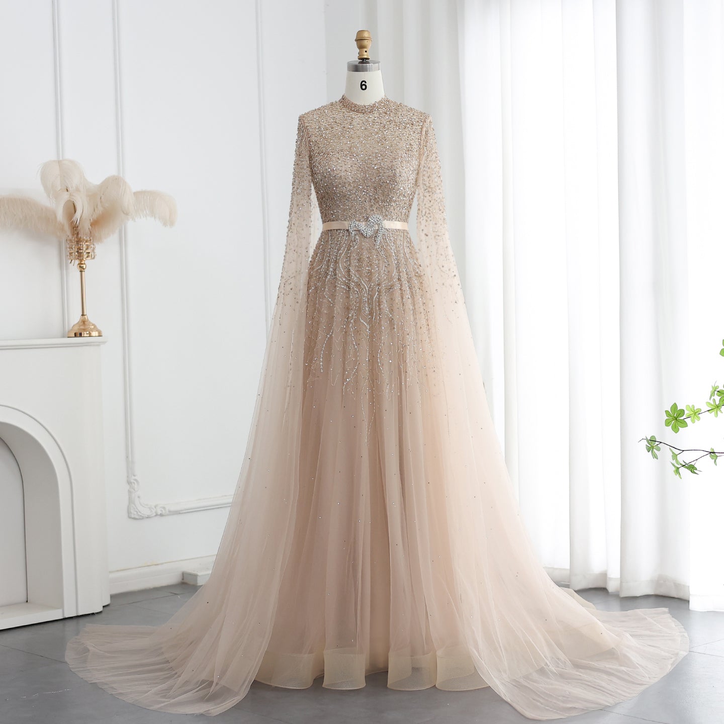 Luxury Evening Dress with Cape Sleeves Elegant High Neck Women Wedding Party Gowns