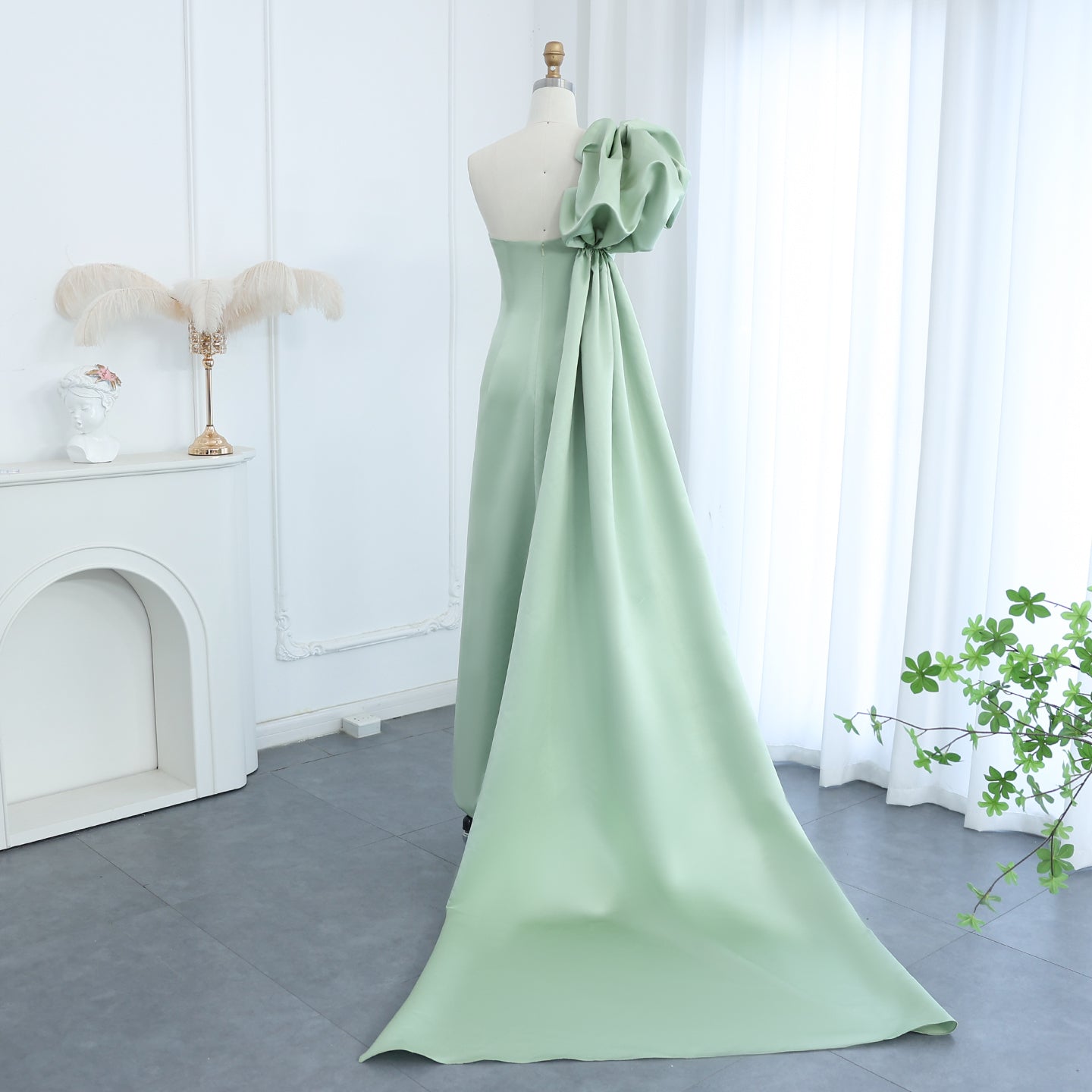 Sage Green One Shoulder Evening Dress with Cape Luxury Crystal Tassel Wedding Party Gowns