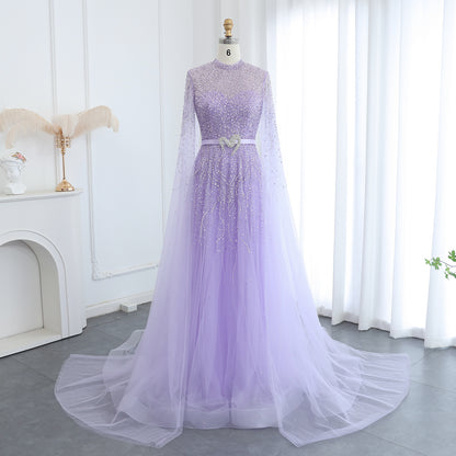 Luxury Evening Dress with Cape Sleeves Elegant High Neck Women Wedding Party Gowns