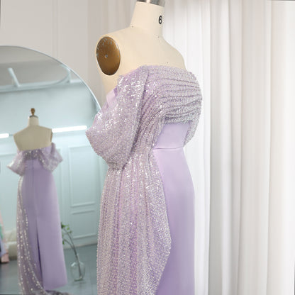 Elegant Off Shoulder Lilac  Evening Dress with Overskirt Beaded Women Wedding Guest Party Gowns