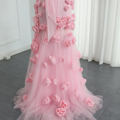 Chic Baby Pink 3D Flowers Mermaid Evening Dress Elegant Sweetheart Side Slit Sexy Girls Party Gown