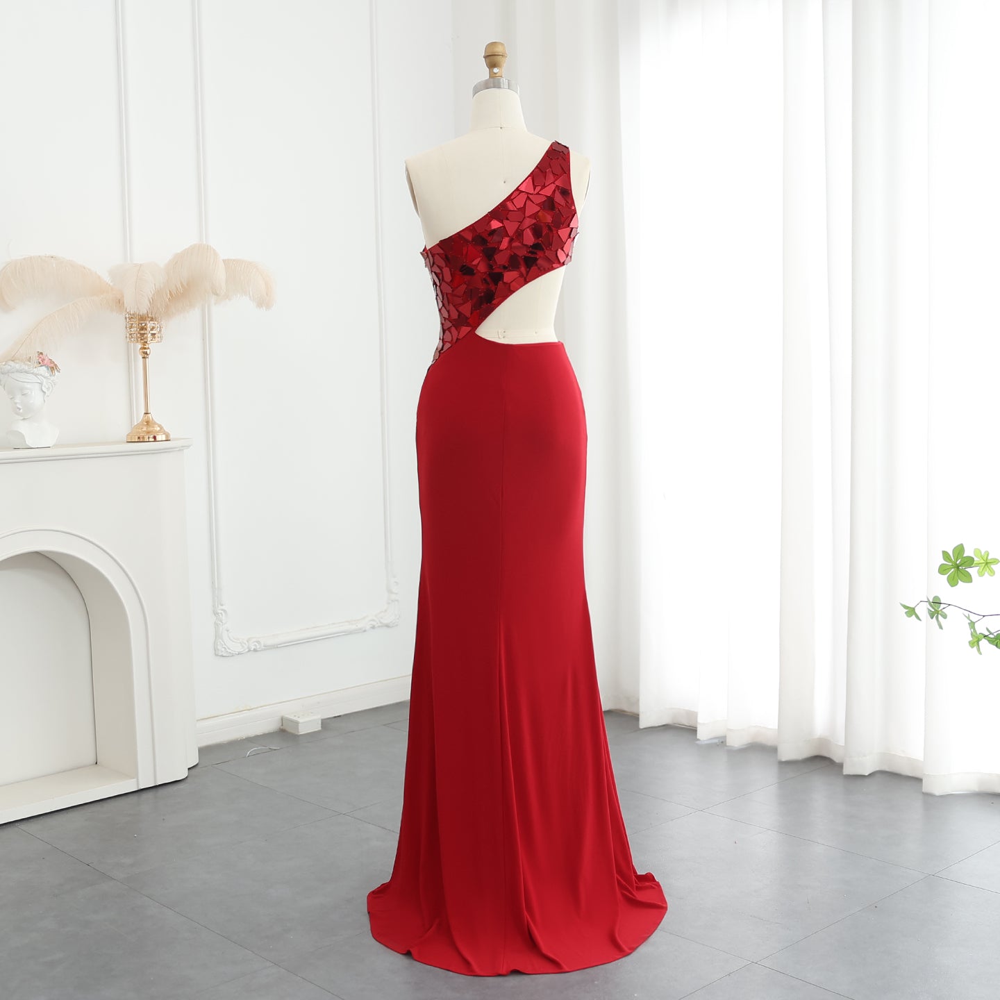 Luxury Diamond Red Mermaid One Shoulder Evening Dresses with Side Slit Royal Blue Women Wedding Party Gowns