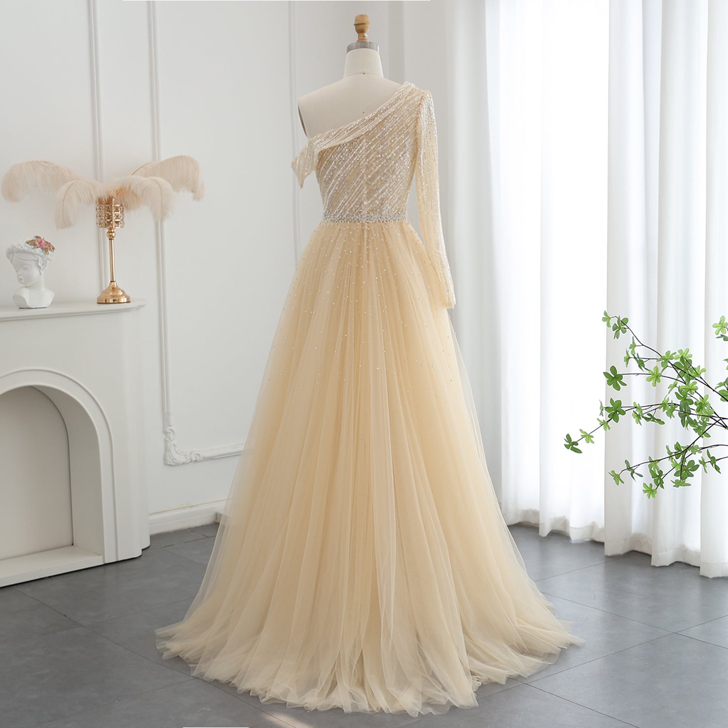 Elegant One Shoulder Beige Evening Dress with Overskirt Luxury Beaded Women Black Wedding Party Gowns