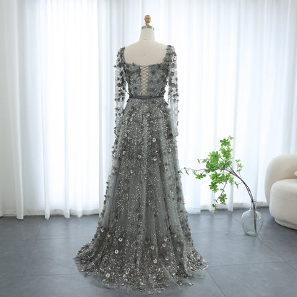 Luxury 3D Flower Gray Long Sleeves Evening Dresses for Women Wedding Party Elegant A-line Formal Gowns