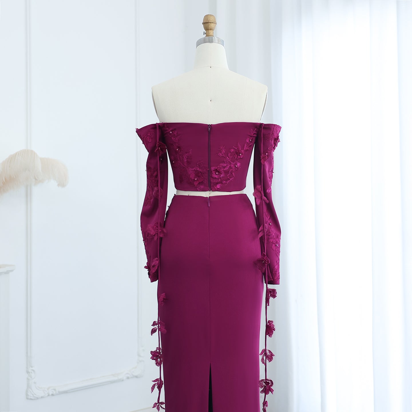 Elegant Off Shoulder Fuchsia 2 Pieces Evening Dress with Long Sleeves 3D Flowers Arabic Wedding Party Gowns