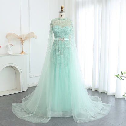 Luxury Evening Dress with Cape Sleeves Elegant High Neck Women Wedding Party Gowns