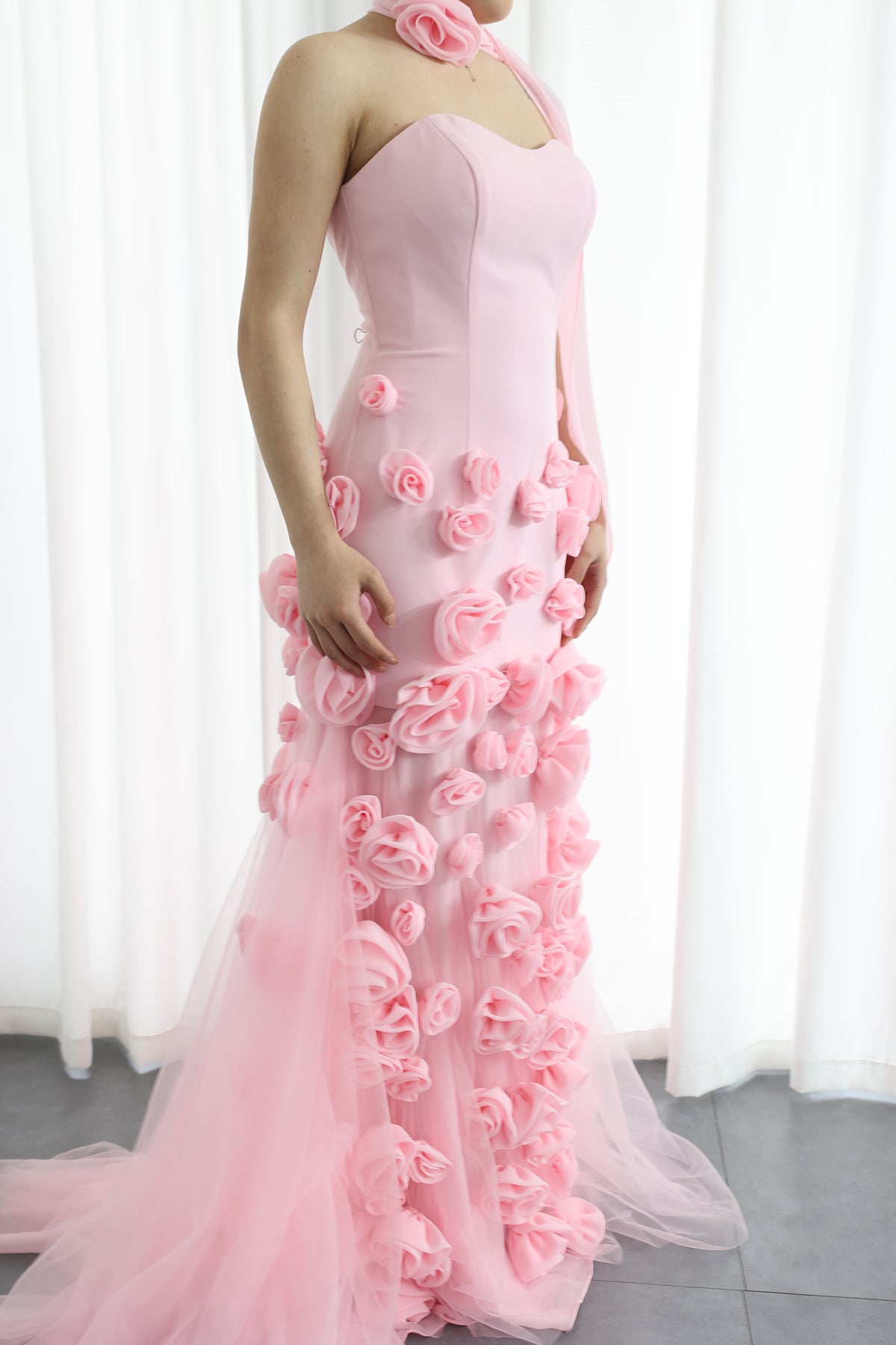 Chic Baby Pink 3D Flowers Mermaid Evening Dress Elegant Sweetheart Side Slit Sexy Girls Party Gown