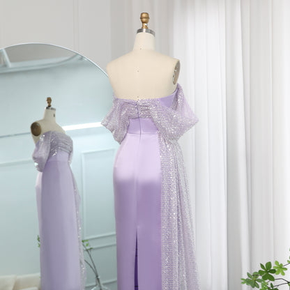 Elegant Off Shoulder Lilac  Evening Dress with Overskirt Beaded Women Wedding Guest Party Gowns