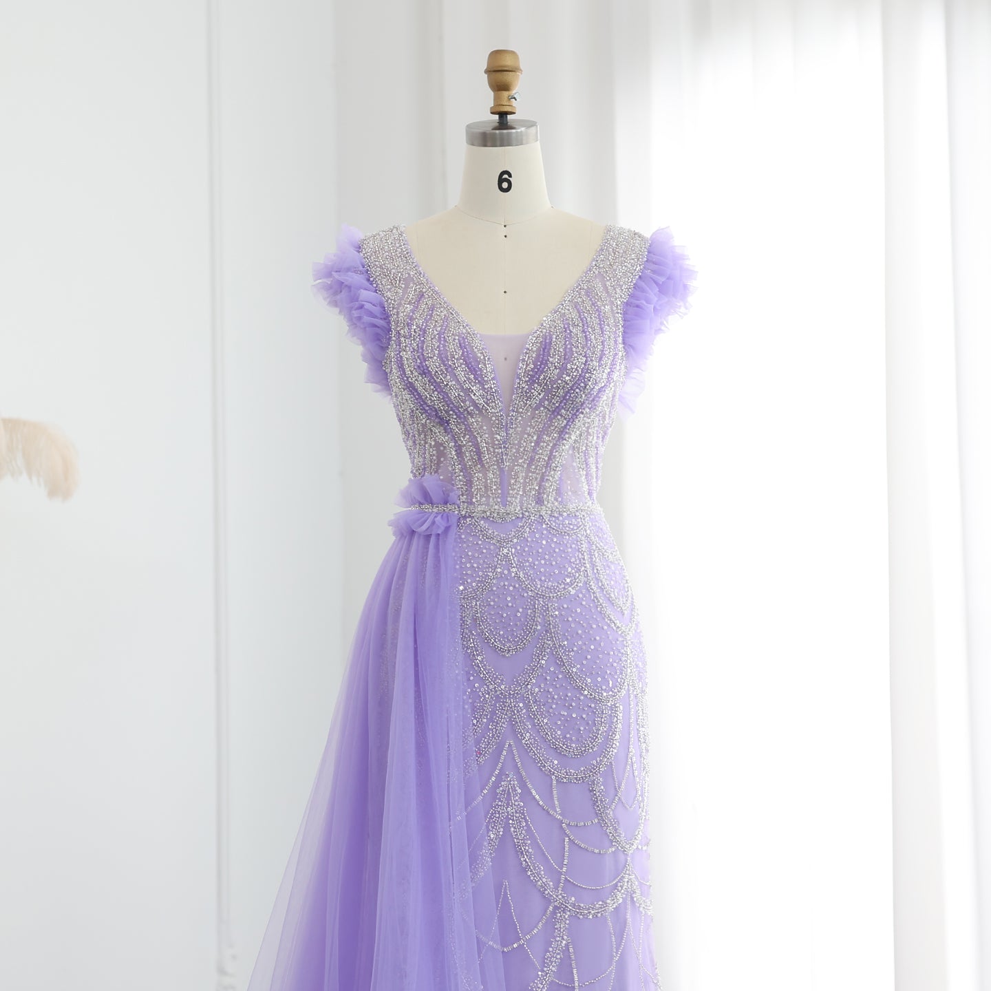 Luxury Beaded Lilac Mermaid Evening Dresses with Overskirt Elegant V-Neck Long Women Wedding Party Gowns