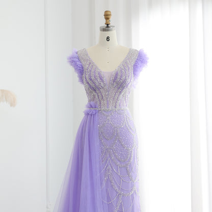 Luxury Beaded Lilac Mermaid Evening Dresses with Overskirt Elegant V-Neck Long Women Wedding Party Gowns