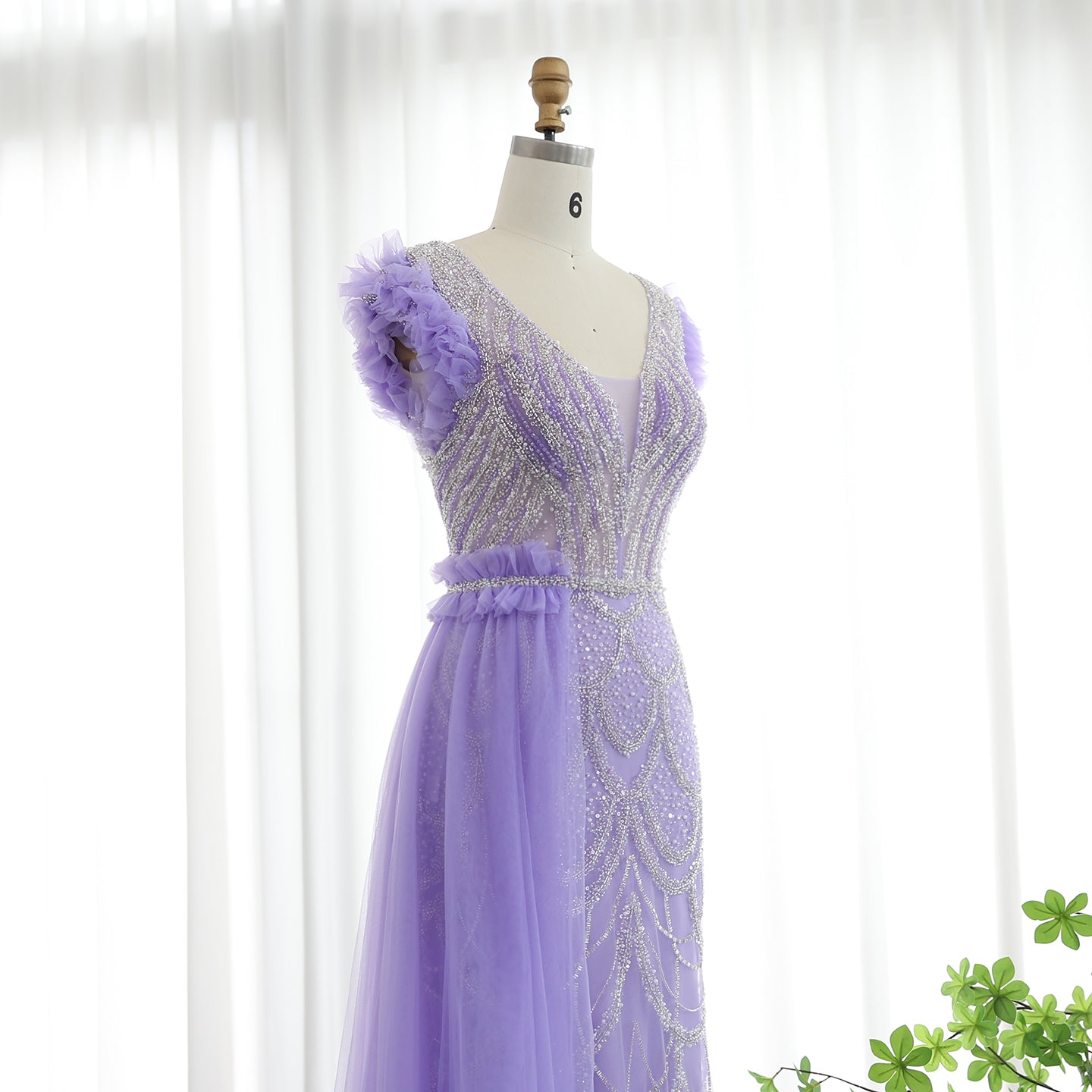 Luxury Beaded Lilac Mermaid Evening Dresses with Overskirt Elegant V-Neck Long Women Wedding Party Gowns