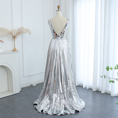 Sparkly Diamond Silver V-Neck Long Evening Dresses for Women Wedding Elegant Gold Formal Party Gowns