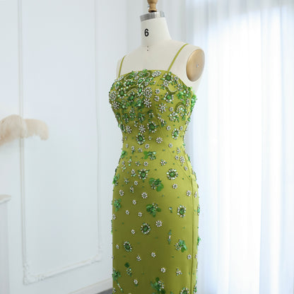 Luxury 3D Floral Beaded Short Green Evening Dress with Spaghetti Straps Sheath Midi Women Wedding Party Gowns