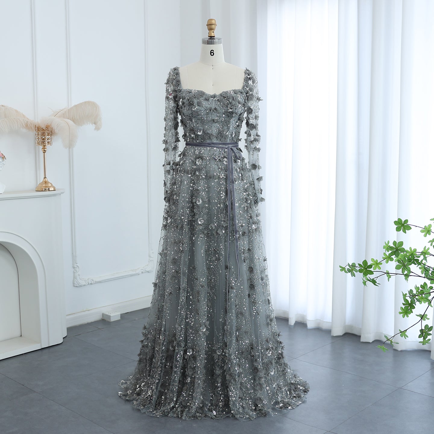 Luxury 3D Flower Gray Long Sleeves Evening Dresses for Women Wedding Party Elegant A-line Formal Gowns