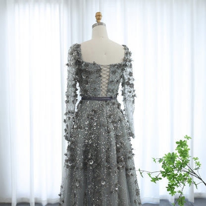 Luxury 3D Flower Gray Long Sleeves Evening Dresses for Women Wedding Party Elegant A-line Formal Gowns