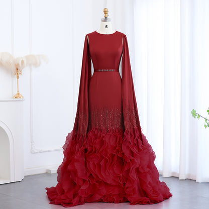 Luxury Mermaid Nude Evening Dresses with Cape Sleeves Tiered Ruffles Women Wedding Party Gowns