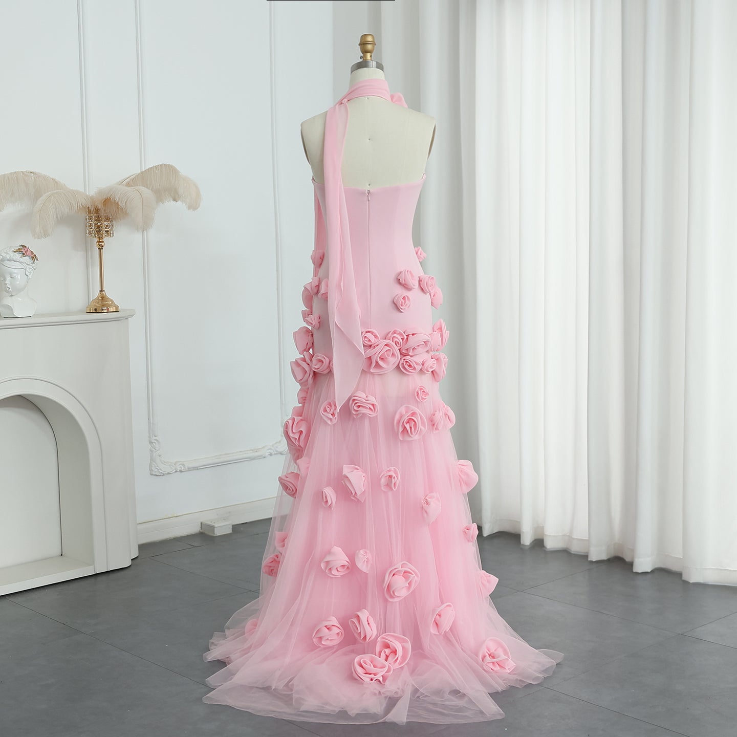 Chic Baby Pink 3D Flowers Mermaid Evening Dress Elegant Sweetheart Side Slit Sexy Girls Party Gown