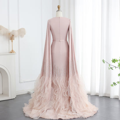 Luxury Mermaid Nude Evening Dresses with Cape Sleeves Tiered Ruffles Women Wedding Party Gowns