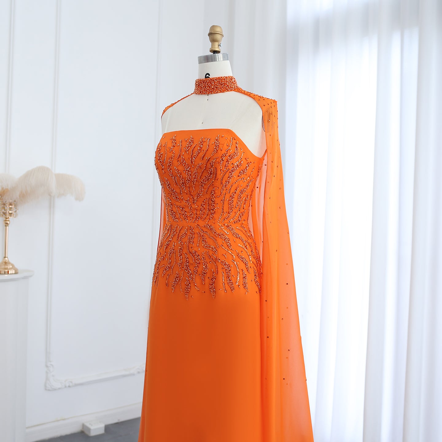 Orange Strapless Evening Dress with Cape Sleeve Women for Wedding Luxury Dubai Formal Party Gowns