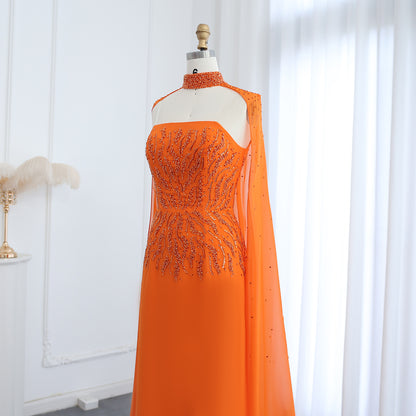 Orange Strapless Evening Dress with Cape Sleeve Women for Wedding Luxury Dubai Formal Party Gowns