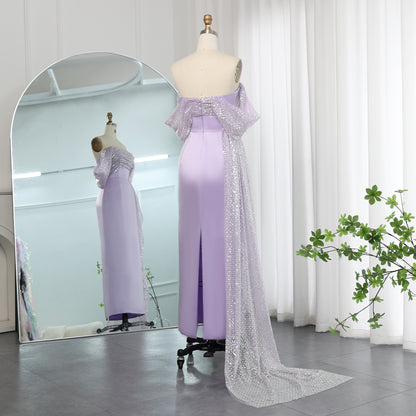 Elegant Off Shoulder Lilac  Evening Dress with Overskirt Beaded Women Wedding Guest Party Gowns