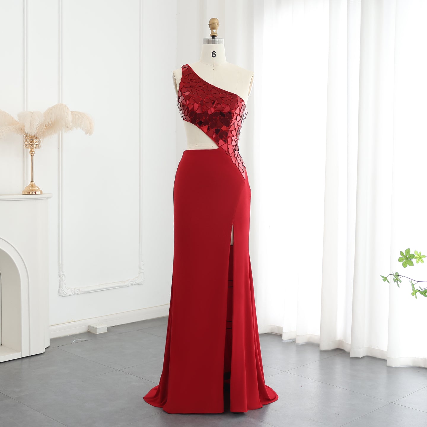 Luxury Diamond Red Mermaid One Shoulder Evening Dresses with Side Slit Royal Blue Women Wedding Party Gowns