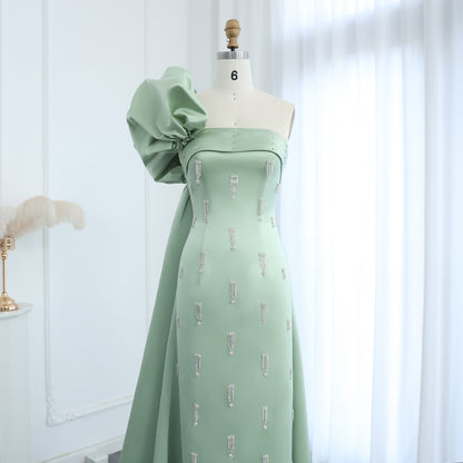 Sage Green One Shoulder Evening Dress with Cape Luxury Crystal Tassel Wedding Party Gowns