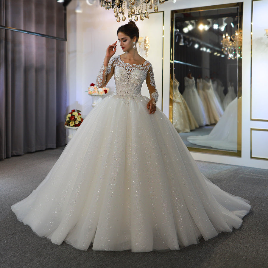 Luxury High Quality Lace long sleeves Bridal Wedding Ball Gown Dress