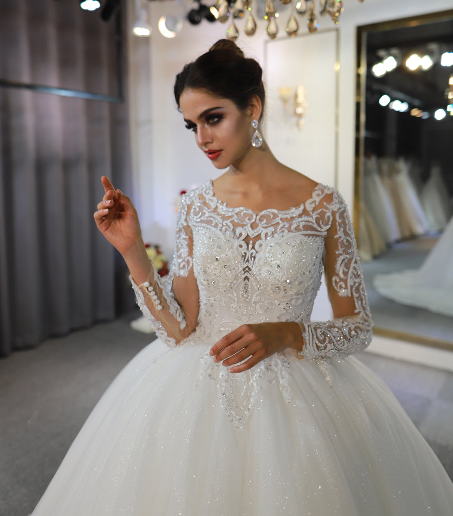 Luxury High Quality Lace long sleeves Bridal Wedding Ball Gown Dress