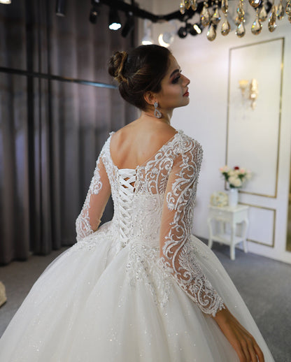 Luxury High Quality Lace long sleeves Bridal Wedding Ball Gown Dress