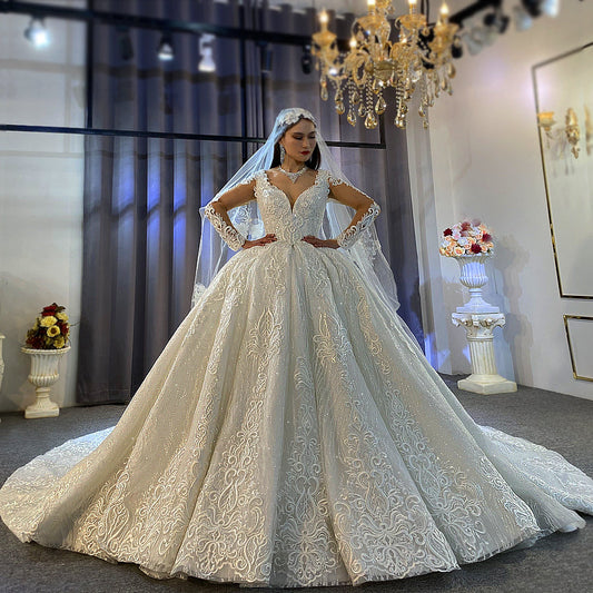 Luxury High Quality Lace long sleeves Bridal Wedding Ball Gown Dress