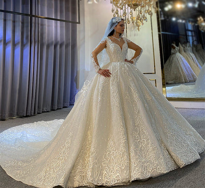 Luxury High Quality Lace long sleeves Bridal Wedding Ball Gown Dress